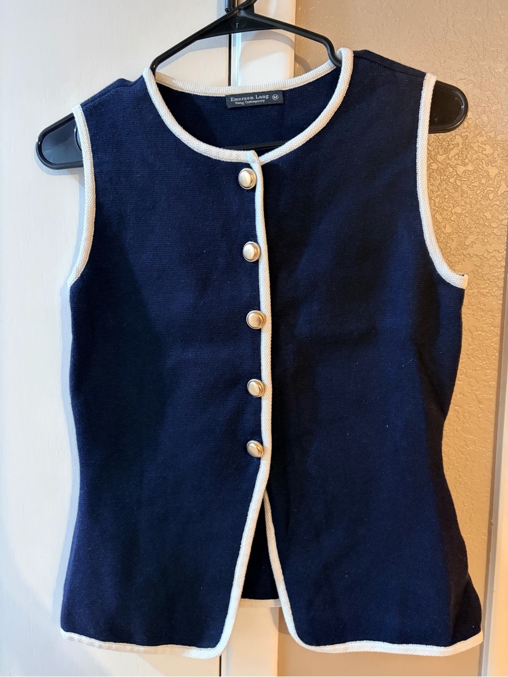 Navy Sleeveless Button-Front Tank with White Trim